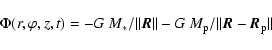 \begin{displaymath}
\Phi(r,\varphi,z,t) = - G~M_* / \vert\vert \vec{R} \vert\ve...
... G~M_{\rm p} / \vert\vert \vec{R} - \vec{R}_{\rm p} \vert\vert
\end{displaymath}