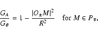 \begin{displaymath}%
{\ensuremath{\mathchoice {\displaystyle\frac{G_A}{G_{\theta...
...t O_{\pm}M\vert^2}{R^2}}
} }
\quad {\rm for}~ M \in P_{\mp},
\end{displaymath}
