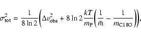 \begin{displaymath}\sigma_{\rm tot}^2 ={1\over 8 \ln 2}\biggl(\Delta v_{\rm obs}...
...\biggl({1\over \bar m} - {1\over
m_{\rm C18O}}\biggr)\biggr), \end{displaymath}