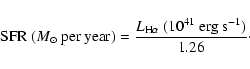 \begin{displaymath}{\rm SFR}\:(M_\odot~{\rm per\:year}) =
\frac{{L}_{\rm H\alpha}\:(10^{41}~{\rm erg~s^{-1}})}{1.26}\cdot\end{displaymath}