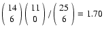 $\left(\begin{array}{c}14\\ 6\\ \end{array}\right)\left(\begin{array}{c}11\\ 0\\ \end{array}\right)/\left(\begin{array}{c}25\\ 6\\ \end{array}\right)=1.70$
