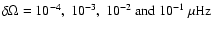 $\delta \Omega=10^{-4},
~10^{-3},~10^{-2}~{\rm and}~10^{-1}~\mu {\rm Hz}$