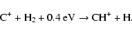 \begin{displaymath}
{\rm C}^{+} + {\rm H}_2 + 0.4~{\rm eV} \rightarrow {\rm CH}^{+} +
{\rm H}.
\end{displaymath}