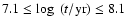 $7.1 \le \log~ (t/{\rm yr}) \le 8.1$