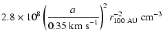 $\displaystyle 2.8\times 10^8 \left( \frac{a}{0.35 {\rm ~km~ s}^{-1}} \right) ^2 r_{100~\rm AU}^{-2} {\rm ~cm}^{-3}$