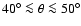 $40^\circ \la \theta
\la 50^\circ$