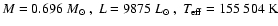 $M = 0.696~\mbox{$M_{\odot}$ },\ L = 9875~\mbox{$L_{\odot}$ },\
T_{\rm eff}= 155~504~{\rm K}$