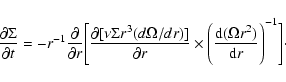 \begin{displaymath}\displaystyle
\frac{\partial\Sigma}{\partial t} = -r^{-1} \fr...
...}{{\rm d}r}\displaystyle\Biggr)^{-1}\displaystyle\Biggr] \cdot
\end{displaymath}