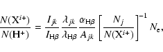 \begin{displaymath}\frac{N({\rm X}^{i+})}{N({\rm H}^+)}=\frac{I_{jk}}{I_{{\rm H}...
...{jk}}\left[{\frac{N_j}{N({\rm X}^{i+})}}\right]^{-1}N_{\rm e},
\end{displaymath}