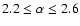 $2.2 \leq
\alpha \leq 2.6$