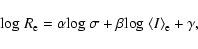 \begin{displaymath}{\rm log}~ R_{\rm e} = \alpha {\rm log}~ \sigma + \beta {\rm log}~ \langle I\rangle_{\rm e} + \gamma,
\end{displaymath}