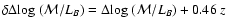 $\delta\Delta
{\rm log}~({\cal M}/L_B) = \Delta {\rm log}~({\cal M}/L_B) + 0.46~z$
