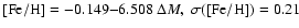 $[{\rm Fe/H}] = -0.149 {-}6.508~\Delta M,~\sigma(\rm [Fe/H])=0.21$