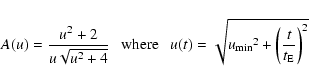 \begin{displaymath}A(u) = { u^2 + 2 \over u \sqrt{u^2+4}} ~~~\mbox{where}~~~ u(t)=\sqrt{{u_{\rm min}}^2 + {\left( t \over t_{{\rm E}}\right)}^2}
\end{displaymath}