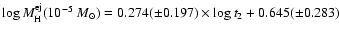 $\log M^{\rm ej}_{\rm H}(10^{-5}~M_{\odot})=
0.274(\pm0.197)\times \log t_{2}+0.645(\pm0.283)$