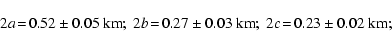 \begin{displaymath}2a\!=\!0.52\pm0.05~{\rm km};~2b\! =\! 0.27 \pm 0.03~{\rm km};~2c \! = \!0.23\pm0.02~{\rm km};
\end{displaymath}