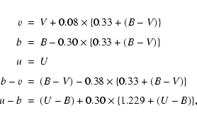 \begin{eqnarray*}{v} & = & V + 0.08\times \{0.33 + (B-V)\} \\ [1mm]
{b} & = & B...
... \\ [1mm]
{u}-{b} & = & (U-B) + 0.30\times \{1.229 + (U-B)\},
\end{eqnarray*}