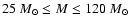 $25 ~M_\odot \le M \le 120 ~M_\odot$