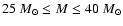 $25 ~M_\odot \le M \le 40 ~M_\odot$