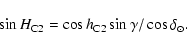 \begin{displaymath}
\sin H_{\rm C2} = \cos h_{\rm C2} \sin\gamma / \cos\delta_{\odot} .
\end{displaymath}