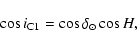 \begin{displaymath}
\cos i_{\rm C1} = \cos \delta_{\odot} \cos H ,
\end{displaymath}