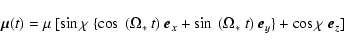 \begin{displaymath}
\vec{\mu}(t) = \mu ~ [ \sin\chi ~ \{ \cos ~ (\Omega_*~t)
~...
...sin ~ (\Omega_*~t) ~ \vec{e}_{y} \} + \cos\chi ~
\vec{e}_{z}]
\end{displaymath}