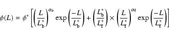 \begin{displaymath}\phi(L)=\phi^*\left[\left(\frac{L}{L^*_{\rm b}}\right)^{\alph...
...{\alpha_{\rm f}}\exp\left(\frac{-L}{L^*_{\rm f}}\right)\right]
\end{displaymath}