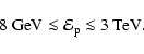 \begin{displaymath}8~{\rm GeV} \la \mathcal{E}_{\rm p} \la 3~{\rm TeV}.
\end{displaymath}