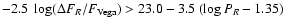 $-2.5~ \log(\Delta F_R/F_{{\rm Vega}}) >
23.0-3.5~ (\log P_R -1.35)$