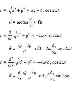 \begin{displaymath}
\begin{array}{@{}ll}
\displaystyle r \equiv \sqrt{ x^{2} + ...
...{2}
\frac{\delta_{y}}{a_{\rm A}} \sin{2 \omega t}.
\end{array}\end{displaymath}