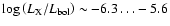 $\log\left(L_{\rm X}/L_{\rm bol}\right) \sim -6.3 \dots -5.6$