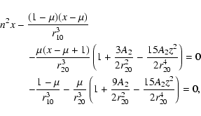 \begin{displaymath}\begin{array}{ll}
&\hspace*{-2.6mm} \displaystyle n^2 x - \fr...
...}{2r_{20}^2}-\frac{15A_2z^2}{2r_{20}^4}\right) = 0,
\end{array}\end{displaymath}