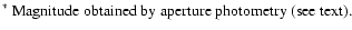 $\textstyle \parbox{15cm}{
{$^{\footnotesize *}$\space Magnitude obtained by aperture photometry (see text).} }$