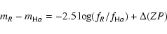 \begin{displaymath}m_{R}-m_{\ensuremath{{\rm H}\alpha} }=-2.5\log(f_{R}/f_{\ensuremath{{\rm H}\alpha} })+\Delta(ZP)
\end{displaymath}