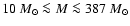$10~M_\odot\la M \la
387~M_\odot$