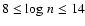 $8 \leq {\rm log} \ n \leq 14$