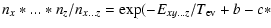 $\displaystyle n_x*...*n_z/n_{x...z}= \exp(-E_{xy...z}/T_{\rm ev}+b-c*$