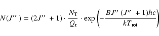\begin{displaymath}N(J\hbox{$^{\prime\prime}$ })=(2J\hbox{$^{\prime\prime}$ }+1)...
...rime}$ }(J\hbox{$^{\prime\prime}$ }+1)hc}{kT_{\rm rot}}\right)
\end{displaymath}