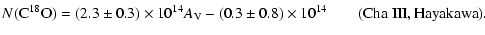 $\displaystyle N({\rm C}^{18}{\rm O}) = (2.3 \pm 0.3)\times10^{14} A_{\rm V}
- (0.3 \pm 0.8)\times10^{14} \qquad {\rm (Cha~III, Hayakawa)}.$