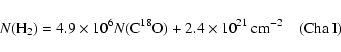 \begin{displaymath}N({\rm H}_2) = 4.9 \times 10^6 N({\rm C}^{18}{\rm O}) + 2.4 \times 10^{21}~ {\rm cm}^{-2} \quad {\rm (Cha~I)}
\end{displaymath}