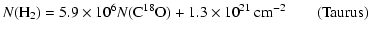$\displaystyle N({\rm H}_2) = 5.9 \times 10^6 N({\rm C}^{18}{\rm O})
+ 1.3 \times 10^{21}~ {\rm cm}^{-2} \qquad {\rm (Taurus)}$