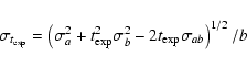 \begin{displaymath}\sigma_{t_{\rm exp}} = \left( \sigma^2_a + t^2_{\rm exp} \sigma^2_b - 2 t_{\rm exp} \sigma_{ab}
\right)^{1/2}/b
\end{displaymath}
