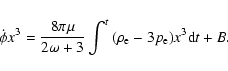 \begin{displaymath}%
\dot\phi x^3= \frac{8\pi\mu}{2\omega + 3}\int^t{\left(\rho_{\rm e}-3p_{\rm e}\right)}x^3{\rm d}t +B.
\end{displaymath}
