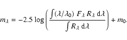 \begin{displaymath}m_\lambda = -2.5 \log \left( \frac{\int (\lambda/\lambda_0) \...
...;
\rm d\lambda}{\int R_\lambda \; \rm d\lambda} \right) + m_0.
\end{displaymath}
