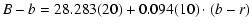 $\displaystyle B - b = 28.283(20) + 0.094(10) \cdot (b - r)$