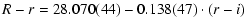 $\displaystyle R - r = 28.070(44) - 0.138(47) \cdot (r - i)$