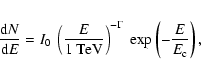 \begin{eqnarray*}\frac{{\rm d} {N}}{{\rm d} {E}} = I_0\ \left(
\frac{E}{1~{\rm ...
...\right) ^ {-\Gamma}\ \exp
\left(-\frac{E}{E_{{\rm c}}}\right),
\end{eqnarray*}