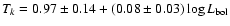 $T_k=0.97\pm0.14+(0.08\pm 0.03)\log L_{\rm bol}$