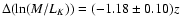 $\Delta (\mbox{ln}({\it M/L}_K))=
(-1.18 \pm 0.10) z$