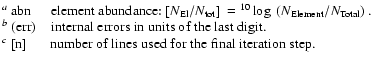 $\textstyle \parbox{15.5cm}{
$^a$\space {abn~\hspace{4mm}element abundance:
$[...
...^c$\space {[n]~\hspace{5mm}number of lines used for the final iteration step.}}$